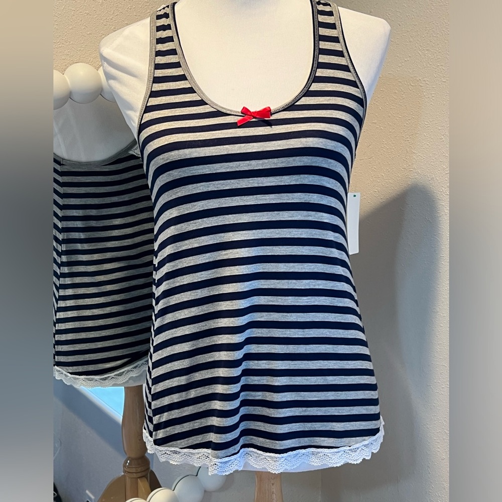 HONEYDEW Intimates tank top medium gray blue stripes lace racerback